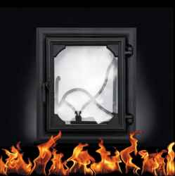 Kandalló ajtó matt fekete, hőálló üveggel, külső méret: 365 x 430mm, falazó méret: 270 x 330mm, LÍRA